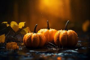 ai generiert Halloween Kürbisse im das Wald beim Nacht. foto