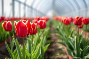 ai generiert beschwingt Tulpen Blühen im kommerziell Gewächshaus mit ai generiert. foto