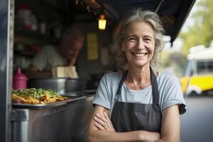 ai generiert Porträt von lächelnd Mitte alt Frau Stehen im Vorderseite von Essen LKW. foto