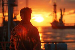 ai generiert Off-Shore Öl Arbeiter mit Blick auf rig beim Sonnenuntergang mit ai generiert. foto
