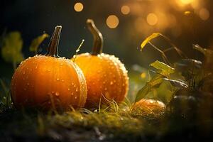 ai generiert Halloween Kürbisse im das Wald beim Nacht. foto