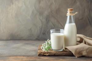 ai generiert Flasche von Milch und Glas mit Hafer Flocken auf hölzern Tisch. foto