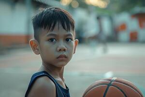 ai generiert jung Junge mit Basketball lächelnd draußen. foto