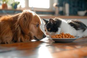 ai generiert süß Hund und Katze mit Schüssel von lecker Hund Essen beim heim. foto