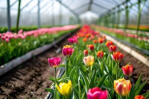 ai generiert beschwingt Tulpen Blühen im kommerziell Gewächshaus mit ai generiert. foto