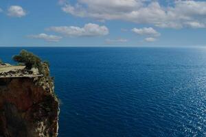 Felsen mit Bäume auf das Hintergrund von das Blau meer.mediterran Landschaft. hoch Qualität Foto