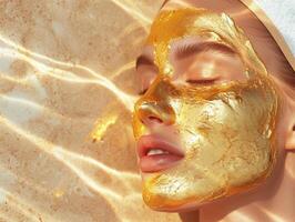 ai generiert Nahansicht von ein Frau Gesicht geschmückt mit ein luxuriös Gold Blatt mask.spa Werbung foto