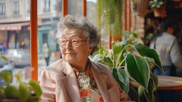 ai generiert heiter Alten Dame mit Brille suchen aus ein sonnig Fenster, umgeben durch Pflanzen. foto