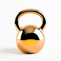 ai generiert golden Kettlebell auf ein Weiß Hintergrund .A glänzend golden Kettlebell auf ein Weiß Hintergrund symbolisieren Luxus Fitness. foto