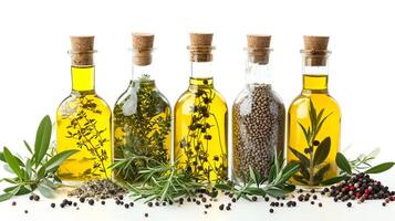 ai generiert Flaschen von infundiert Olive Öl mit Kräuter und Gewürze auf ein Weiß Hintergrund. foto