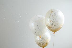 ai generiert 3 vereiteln Luftballons Gold und Weiß auf ein Weiß Hintergrund foto