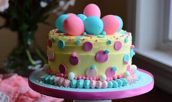 ai generiert ein Geburtstag Kuchen dekoriert mit Luftballons und mehrere Farben foto