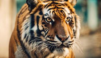 ai generiert Nahansicht von ein Tiger im ein Dschungel, wild gefährlich Tier. foto