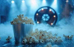 ai generiert ein leeren Film Theater Popcorn Eimer Nächster zu ein Film Spule foto