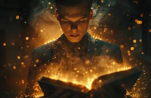 ai generiert Mann im ein passen Öffnung ein Buch beim Nacht, glühend Beleuchtung hinter foto