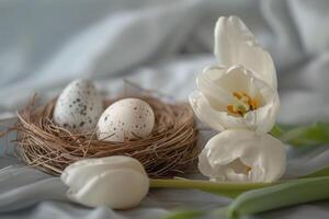 ai generiert Ostern Eier und Tulpen Nächster zu ein Nest foto