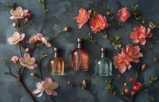 ai generiert drei Parfums und Blumen auf ein dunkel Hintergrund foto