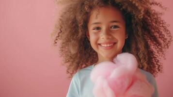 ai generiert Mädchen, 10 Jahre alt, steht lächelnd und suchen beim das Kamera, halten ein groß Rosa Baumwolle Süßigkeiten im ihr Hand foto