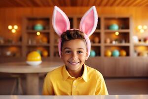 ai generiert ein jung Junge ist halten ein Ostern Ei während tragen Hase Ohren foto
