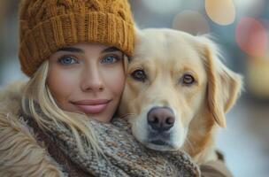 ai generiert ein Frau schieben ein Gelb Labrador Hund Nieder das Straße foto