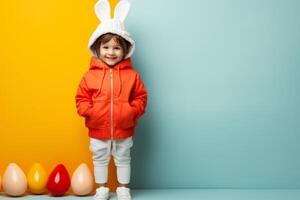 ai generiert Kind tragen ein Ostern Outfit tragen ein Ostern Ei foto