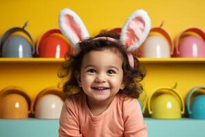 ai generiert Kleinkind auf Gelb Hintergrund mit Hase Ohren auf Gesichter Kinderstock foto