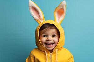 ai generiert Kleinkind auf Gelb Hintergrund mit Hase Ohren auf Gesichter Kinderstock foto