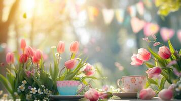 ai generiert ein festlich Ostern Garten Party Einstellung, mit heiter Ammer, zierlich Teetassen foto