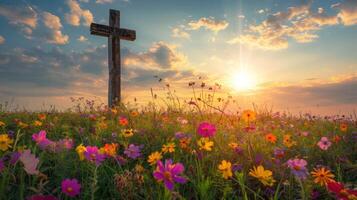 ai generiert ein malerisch Ostern Sonnenaufgang Bedienung Einstellung, mit ein rustikal hölzern Kreuz foto