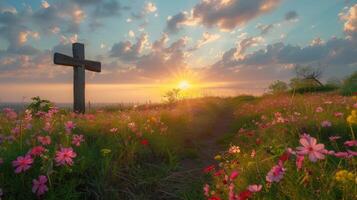 ai generiert ein malerisch Ostern Sonnenaufgang Bedienung Einstellung, mit ein rustikal hölzern Kreuz foto