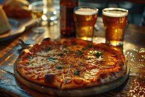 ai generiert ein Pizza und Brille von Bier auf ein Tabelle foto