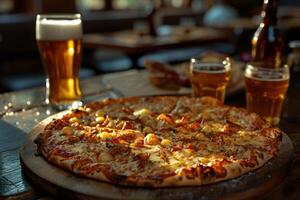 ai generiert ein Pizza und Brille von Bier auf ein Tabelle foto