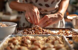 ai generiert ein Frau ist vorbereiten ein Zimt, Pekannuss Snack Rezept foto