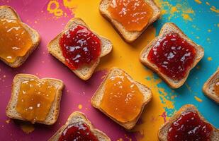 ai generiert vier anders Arten von Marmelade sind verstreut auf mehrere Scheiben von Toast foto