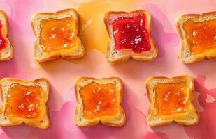 ai generiert vier anders Arten von Marmelade sind verstreut auf mehrere Scheiben von Toast foto