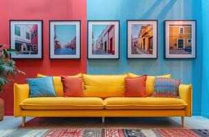 ai generiert etwas Fotos auf einer Mauer Nächster zu ein Gelb Couch