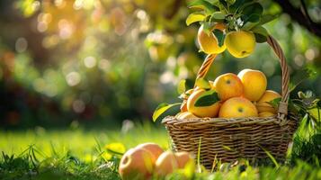 ai generiert golden Äpfel im Morgen Licht foto