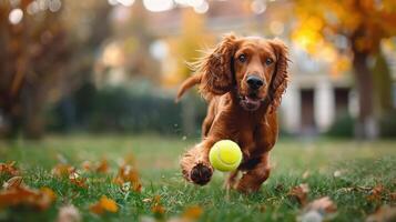 ai generiert irisch Setter spielen holen im das Garten foto