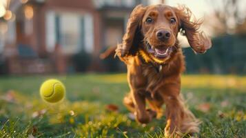 ai generiert irisch Setter spielen holen im das Garten foto