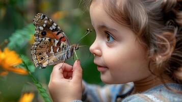 ai generiert Kinder Wunder mit Schmetterling foto