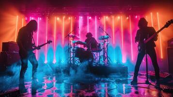 ai generiert dynamisch Felsen Band Konzert im Neon- foto