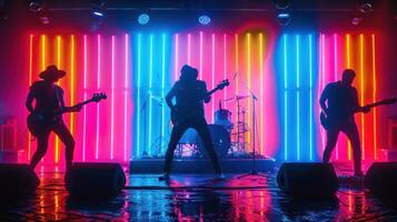 ai generiert dynamisch Felsen Band Konzert im Neon- foto