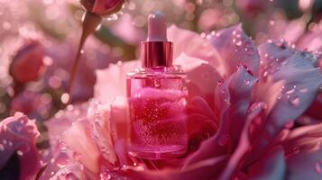 ai generiert Serum Tropfer Flasche mit Rosa Rose foto