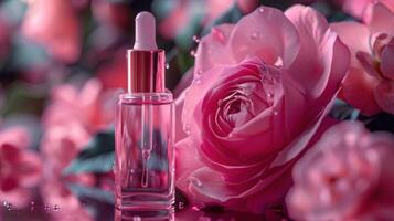 ai generiert Serum Tropfer Flasche mit Rosa Rose foto