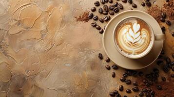 ai generiert schön minimalistisch Hintergrund mit ein Tasse von Cappuccino und Kaffee Bohnen und viel von Raum zum Text foto