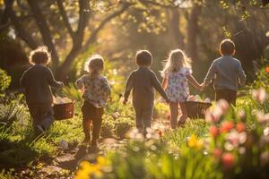 ai generiert Kinder freudig jagen zum Ostern Eier im ein sonnendurchflutet Garten, ihr Lachen widerhallend das Geist von das Urlaub foto