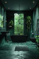 ai generiert schön modern dunkel Badezimmer Innere im Dachgeschoss Stil. dunkel Grün und schwarz Töne foto