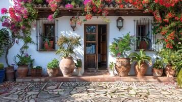 ai generiert Bougainvillea Pflanzen im ein Lehm Topf steht auf das Terrasse von ein klassisch rustikal Spanisch Haus foto