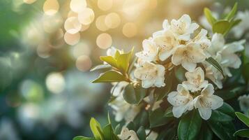 ai generiert schön hell Hintergrund von ein Sommer- Garten mit ein blühen Weiß Rhododendron Busch foto