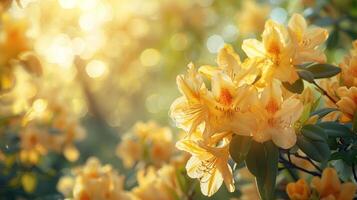 ai generiert schön hell Hintergrund von ein Sommer- Garten mit ein blühen Gelb Rhododendron Busch foto